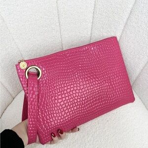 Pink Crocodile-Embossed Clutch Bag